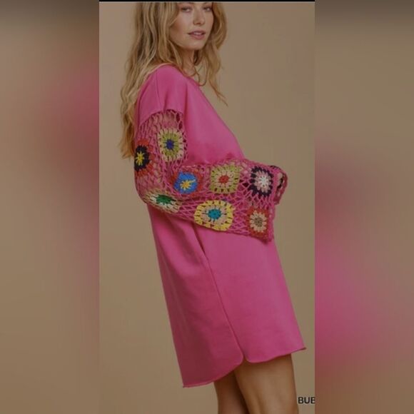 NWT Umgee French Terry Round Neck Color Crochet Long Sleeve Dress size L - Picture 5 of 5